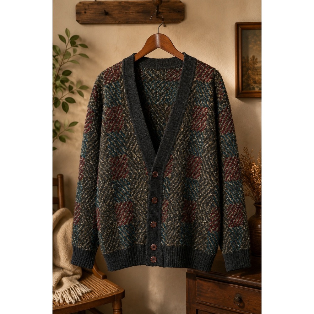 Vintage Jantzen Grandpa Cardigan Wool Mohair Geometric Plaid Made Canada L